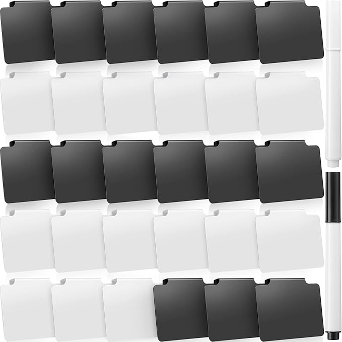 32 Pieces Basket Labels Clip Set, Include 30 Kitchen Clip Label Holder Removable PVC Bin with 2 Chalk Marker for Basket Pantry Organization Box (White and Black Label Clip, White and Black Pen)