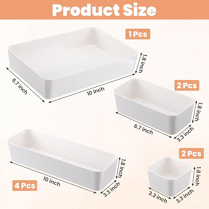 9 Pcs Stackable Drawer Organizer Set, Plastic Storage Trays and Dividers In 4 Sizes for Vanity, Bathroom, Kitchen, Office Desk and Dresser Drawers, Off White