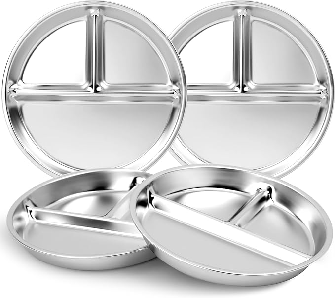 Stainless Steel Kids Plates 4 Packs, Deepened 9" Portion Control Plate Divided Plate for Toddlers Adults Family Bariatric Weight Loss & Diabetic Diet, Non Toxic Unbreakable Dinner Dishes