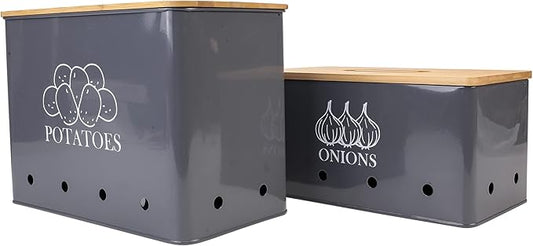 Potato Onion Kitchen Storage Canisters,Storage Bin For Kitchen 2 Pack Set,potatoe, Potato Storage Box，storage And Long Shelf Life With Aerating Tin Storage Holes-gray