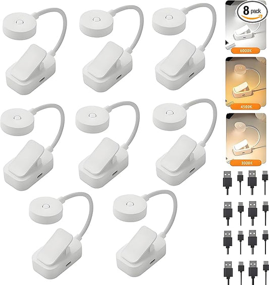 8Pack Rechargeable Book Light Bulk for Reading in Bed,3 Color Temperature Reading Light,Adjustable Brightness,Clip on to Book for Reading at Night