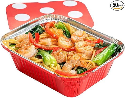 Restaurantware 12 Ounce Disposable Takeout Containers 50 Rectangle Food Containers - With Polka Dot Lids Red Takeaway Containers Aluminum Delivery Containers Freezable