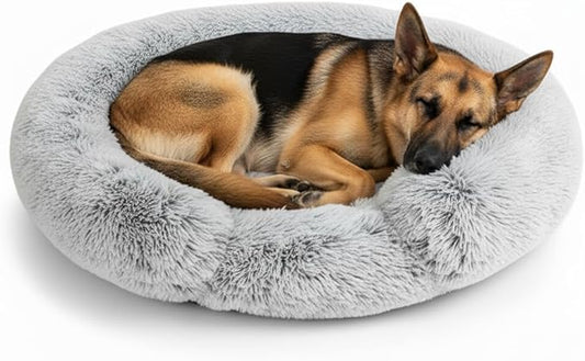 Fluffy Dog Bed Calming Donut Beds for Large Dogs Warming Round Small Medium Pet Nest Cozy Cat Mattress Indoor Washable Puppy Kennel Kittens Sleep Mat (L, 35.4×35.4 inch, Light Gray)