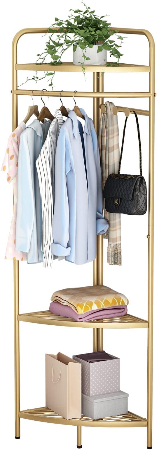 Corner Gold Clothing Racks Freestanding, Gold Metal Coat Racks with Hooks, Heavy Duty Modern Clothes Rack with 3 Tier Storage Shelves for Home,Bedroom,Living Room