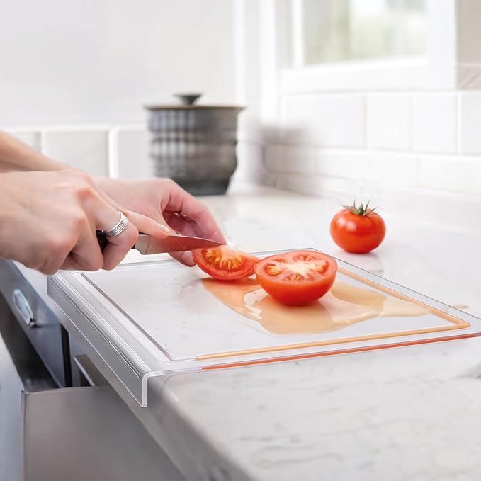 Acrylic Cutting Board with Counter Lip, 18x14 Inch Clear Cutting Boards for Kitchen Counter with Juice Groove, Non Slip for Countertop Protector, Apartment Essentials Kitchen Decor Gifts