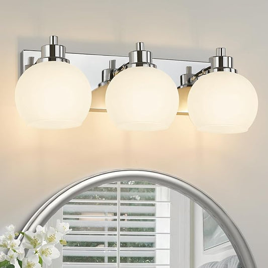 Tuscarora Chrome Vanity Light - 3 Light Bathroom Vanity Light with Milk Glass Shade, Over Mirror Lighting Fixture