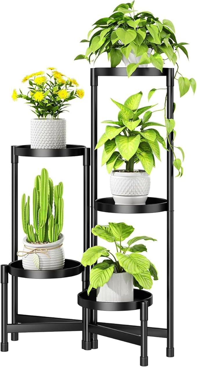 Plant Stand Indoor Outdoor with Tray Corner Metal Flower Display Holder Shelf 5 Tier Folding Tall Orchid Rack for Patio Balcony Porch Garden Living Room House, Black