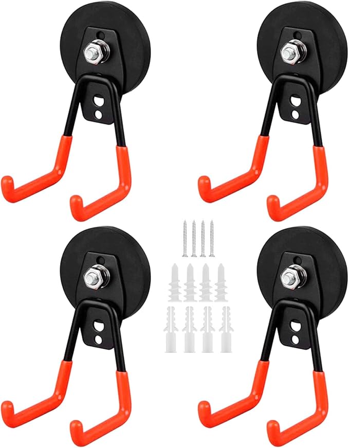 Magnetic Hooks 4 Pack, Large Strong Magnetic Hooks Heavy Duty with Anti-Slip Coating, Garage Magnet Hooks for Hanging Garden Tools,Drills,Hoses. Ideal for Metal Cabinet,Tool Cart,Workshop