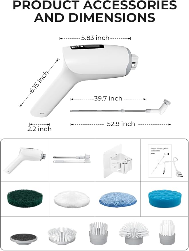 Electric Spin Scrubber, Cordless Cleaning Brush Shower Scrubber with 9 Replaceable Brush Heads 3 Speeds Extension Handle for Bathroom, Shower, Bathtub, Floor, Tile, Kitchen, Pool (1, White)