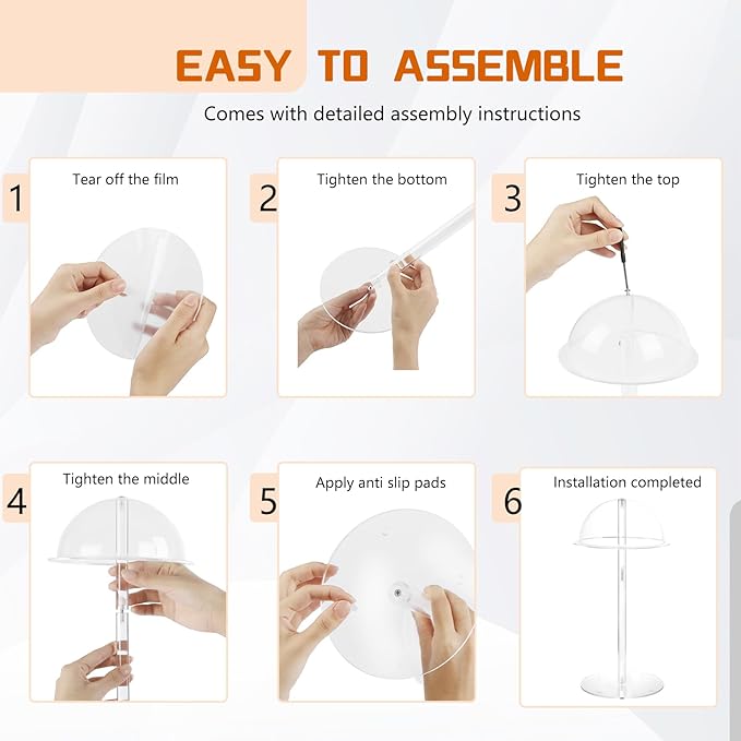 Hat Display Stands, 8'' Durable Acrylic Cowboy Hat Holder Stand, Clear Domed Baseball Cap Rack Stand with Brim, Cap Racks Wig Holder Hat Organizer Stand for Closet Vendors Salons