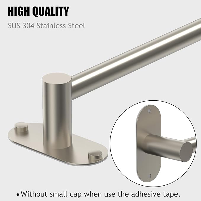 Towel Bar, Adjustable 14.4inch - 25.2inch Towel Rack, Self Adhesive & Wall Mounted for Bathroom Kitchen Hand Towel Holder Cloths Hanger SUS 304 Stainless Steel Organizer Single Bar (2, Brushed Nickel)