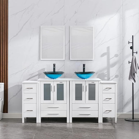 eclife 72" Modern Bathroom Vanity Sink Combo Freestanding Cabinet with Small Side Cabinet, Turquoise Square Glass Vessel Sink, Water Save Faucet, Drain (White+A10)