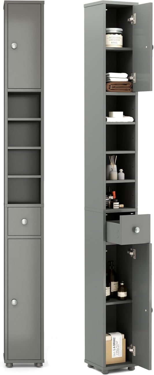 HOMGX 71” Tall Bathroom Storage Cabinet, Freestanding Linen Floor Cabinet with Drawer, Doors & Adjustable Shelves, Narrow Slim Cabinet for Living Room, Entryway, Small Spaces (Grey)