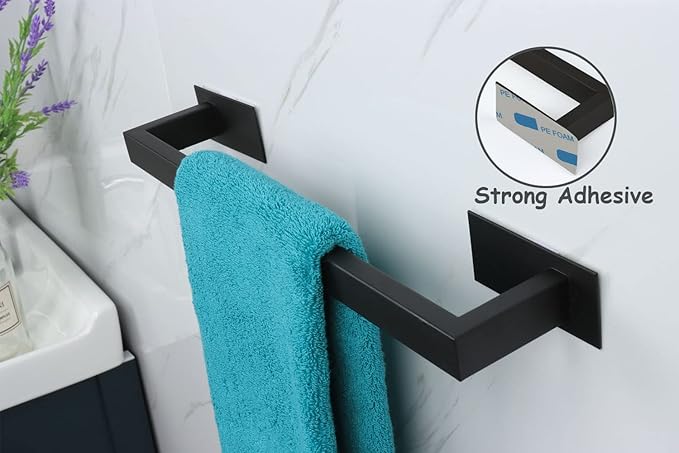 Bathroom Towel Bar Self Adhesive, No Drilling Towel Rack Easy to Install, Hand Towel Holder Made of Premium Stainless Steel Sticky on Hand Towel Hanger for Kitchen, Toilet.(16IN, Black)