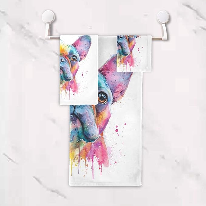 French Bulldog Puppy Towels Set of 3 Watercolor Dog Colorful Art Bathroom Towel Soft Absorbent Bath Hand Towels Washcloth Guest Towel Sets Bathroom Decorations
