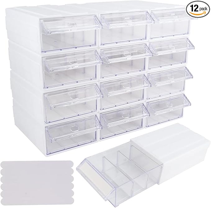 12 Pcs Drawer Stackable Storage Cabinet, White Plastic Organizer with Drawers & 36 Pcs Clear Dividers Organizer Rack & 48 Pcs Tag Card & 24 Pcs Non-slip Stickers for Home Office School