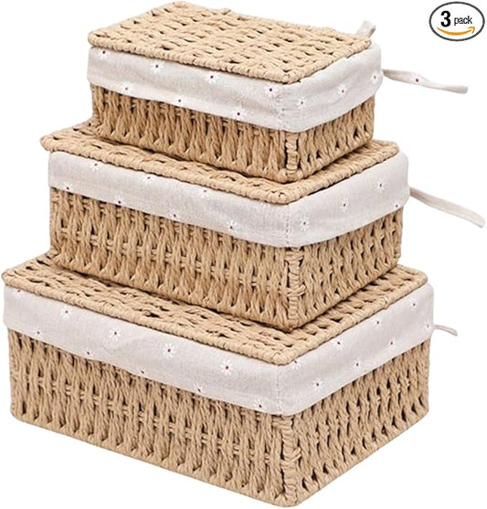 Woven Storage Baskets with Lids, Set of 3, Gray Paper Rope Wicker Bins with Lids & Removable Liners, Stackable Shelf Organizer Boxes for Bathroom Closet Nursery
