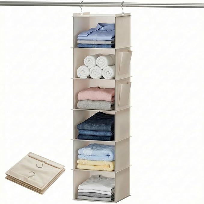 6-Shelf Hanging Closet Organizer with Side Pockets, Closet Hanging Storage Shelves for Clothes, Shoes & Accessories, Space-Saving Wardrobe Storage Solution,Send Goods from Local Warehouse