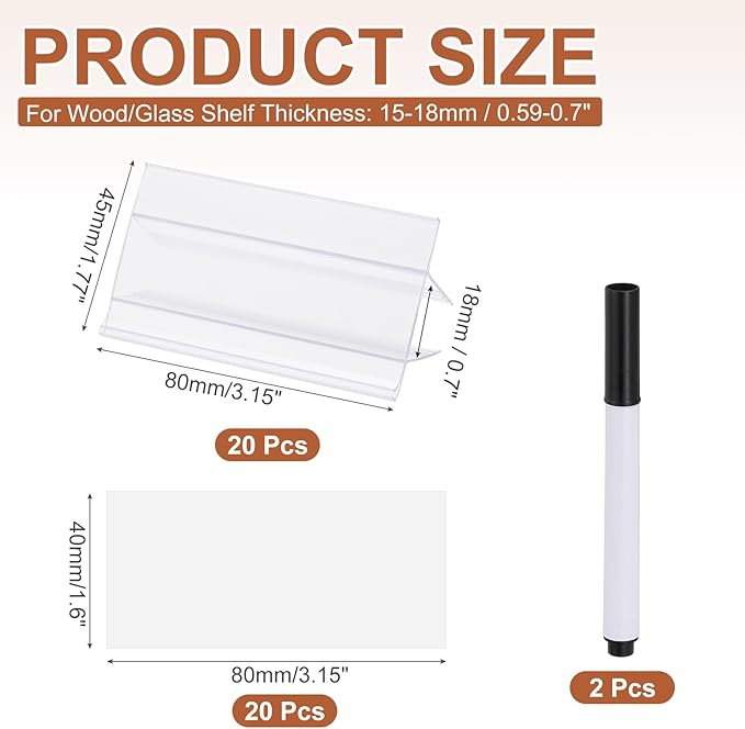 PATIKIL 3.1" x 1.8" Wire Shelf Label Holder, 20 Pack Reusable Plastic Price Tag Display Clip for 0.59" to 0.71" Thick Shelves with Paper Inserts Pens for Home Market Store, Clear