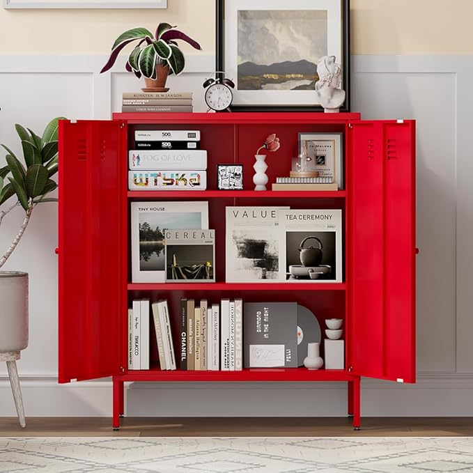 Red Metal Locker Storage Accent Cabinets with 2 Adjustable Shelves, 3 Tier Metal Storage Cabinet with Legs, Steel Cupboard Lockers for Kids Bedroom, Home, Office, Entryway, Kitchen
