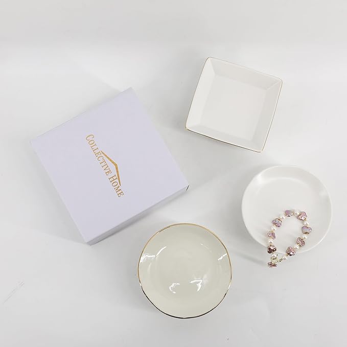 COLLECTIVE HOME - Ceramic Jewelry Tray, Decorative Geometric Jewelry Dish, Luxurious Trinket Tray with High Base, Birthday Mother's Day for Women (Round Glossy Gold)