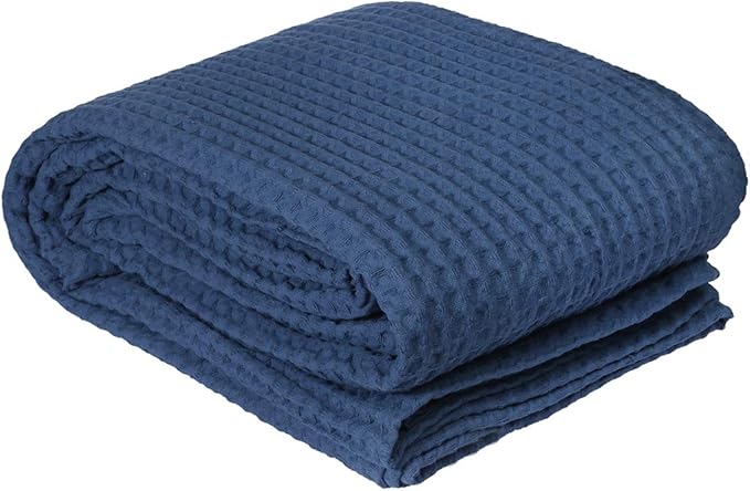 HILLFAIR 100% Combed Cotton Blanket– King Size Bed Blankets– Warm Soft All Season Breathable Lightweight Summer Blankets– Waffle Weave Home Decor Bed Blanket- Navy King Bed Cotton Blankets/Bedcovers