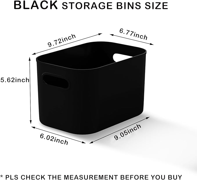 10 Pack Black Plastic Storage Bins, Storage Container for Organizing, Storage Boxes with Handle for Shelves, Cute Organizer Bins for Craft, Snacks, Pantry, Cabinet, 9.69x6.7x5.7 inch