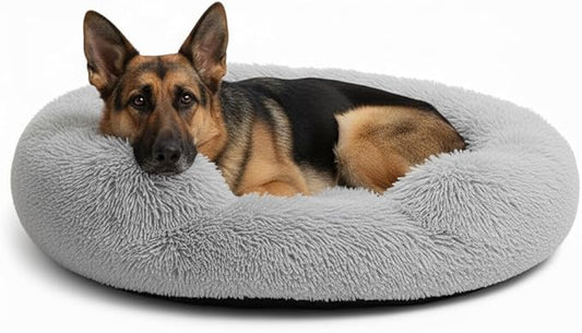 Fluffy Dog Bed Calming Donut Beds for Large Dogs Warming Round Small Medium Pet Nest Cozy Cat Mattress Indoor Washable Puppy Kennel Kittens Sleep Mat (L, 35.4×35.4 inch, Gradient Gray)
