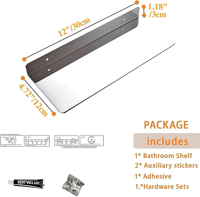 12Inch Stainless Steel Wall Mounted Floating Shelf Drilling or Shelf Adhesive Modern Room Decor Wall Shelf Floating Shelf for Bathroom Bedroom Decor