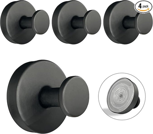 Suction Cup Hooks for Shower - 4 Pack, Matte Black - Stainless Steel, Strong Suction, No Drill, Removable Hanger, Tile Bathroom Kitchen Wall, Glass Door, Mirror Hook Hanging Robe, Towel Holder