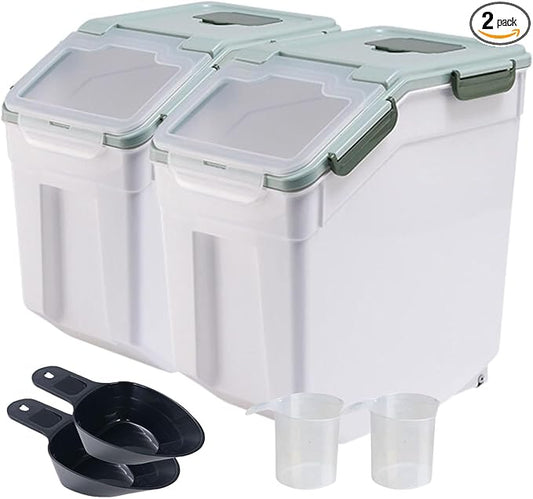 2 Pack Large Flour Storage Container 50 lb Airtight Rice Storage Container with Lid, Wheels, Measuring Cup, Scoop, Plastic Flour Sugar Bin Organizer for Grain Cereal, Rice Dispenser (Green)