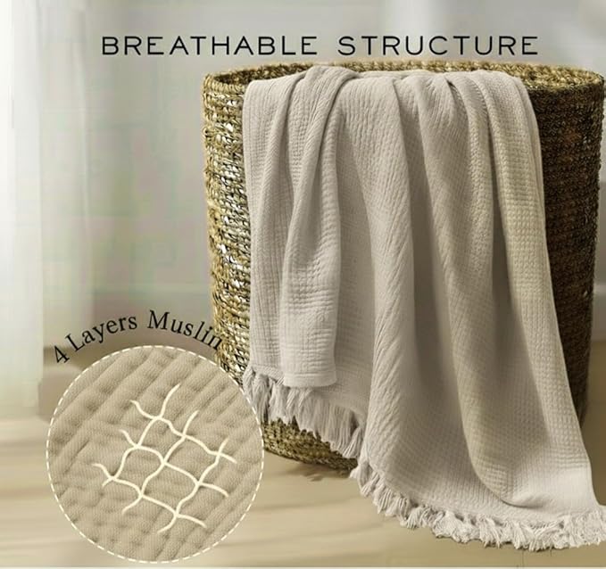 KyraHome 100% Organic Cotton Throw Blankets, 90"x90", Pre-Washed Plant Dyed, Breathable Lightweight Soft Gauze Muslin Blankets for Adults, All Season, Oatmeal Khaki