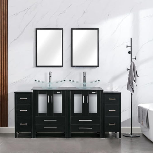 eclife 72" Modern Bathroom Vanity Sink Combo Freestanding Cabinet with Small Side Cabinet, Clear Boat Glass Vessel Sink, Water Save Faucet, Drain (Black+A29TT)