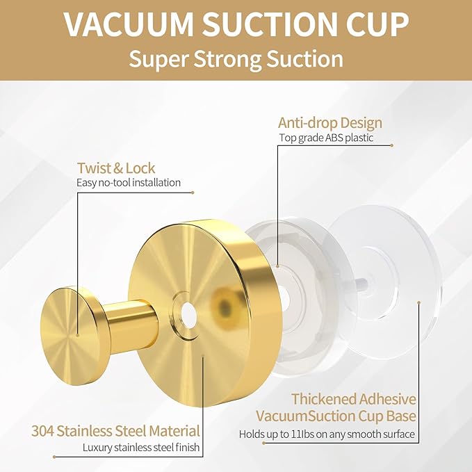 Suction Cup Hooks for Shower, Heavy Duty Towel Hooks for Walls No Damage, Modern Shower Suction Hooks for Kitchen Bathroom Wall, Glass, Mirror, Tile, Hanging Towels Robes, Gold (2 Pack)