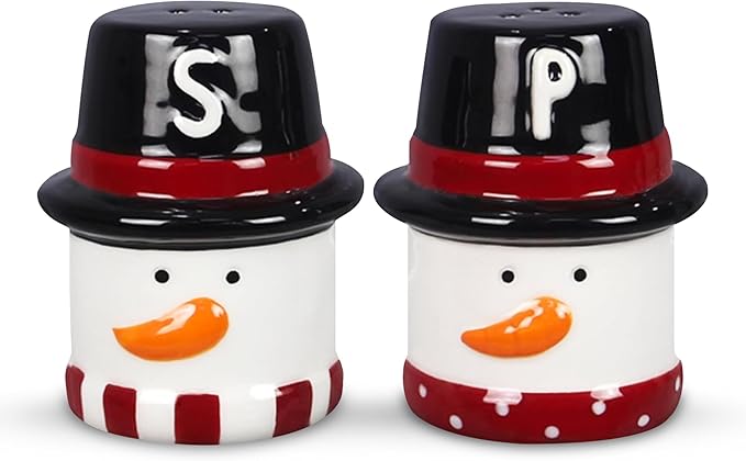 Young’s Inc Ceramic Christmas Marshmallow Snowman Salt & Pepper Set – Cute Red & Black Holiday Tabletop Shakers, 3.35" Small Size for Christmas Dining & Winter Kitchen Decor