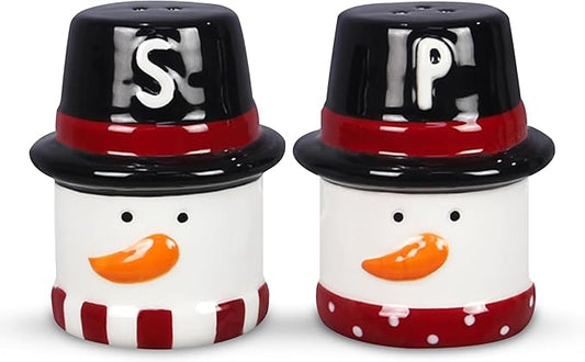 Young’s Inc Ceramic Christmas Marshmallow Snowman Salt & Pepper Set – Cute Red & Black Holiday Tabletop Shakers, 3.35" Small Size for Christmas Dining & Winter Kitchen Decor
