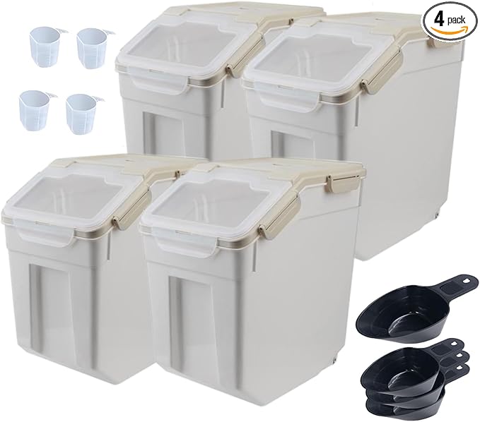 Rice Container 25 lbs Airtight, 4 Packs Flour Storage Containers Bin with Wheels Seal Locking Lid, BPA Free, Measuring Cup & Scoop, Kitchen Organizer Boxes for Grain, Sugar, Beans, Cereal (Grey)