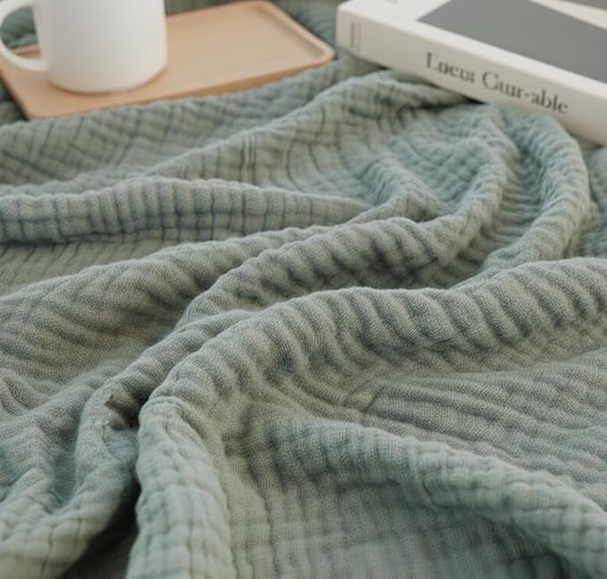 KyraHome 100% Organic Cotton Throw Blankets, 60"x80", Plant Dyed, Lightweight Warm, Gauze Soft Muslin Blankets for Adults, Picnic, Travel, All Season, Sage Green
