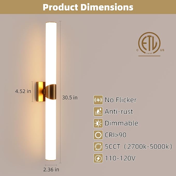 Modern Wall Sconce 30 Ihch Gold Bathroom Sconces LED Wall Lighting Fixtures with Acrylic Shade Hardwired Long Vanity Lights Over Mirror for Bedroom Living Room Hallway