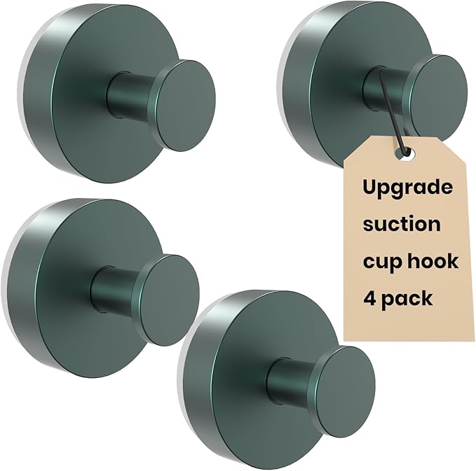 Vacuum Suction Cup Hooks for Shower 4 Pack, Heavy Duty Aluminum Alloy Towel Hooks for Bathroom Kitchen Glass Tile Mirror Wall No Drill Removable Robe Loofah Coat Suction Hooks Hanging-Green