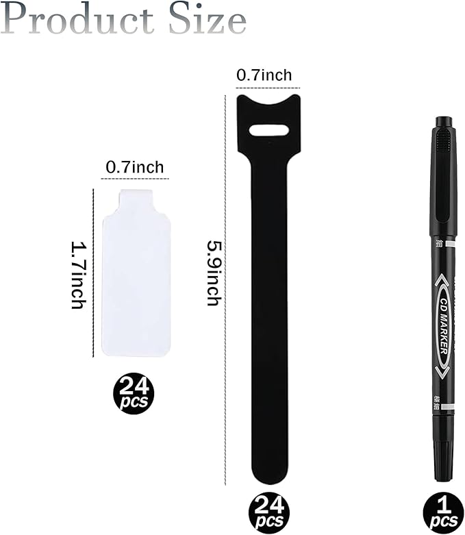 48 Pcs Cable Labels with Black Marker & Reusable Hook and Loop Ties - 24 Pcs Write-On Wire Labels + 24 Pcs Cable Ties for Electronics, Computer, Home and Office Cord Organization and Identification