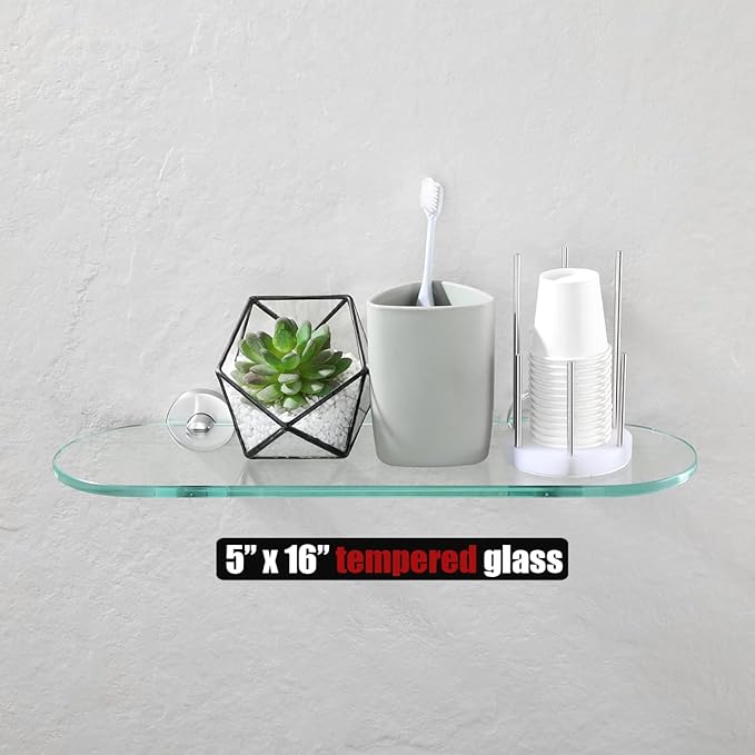 JQK Bathroom Glass Shelf Brushed Steel, Tempered Glass Shower Storage 16 by 5 inches, 304 Stainless Steel Brushed Wall Mount 2 Pack, TGS121L16-BN-P2