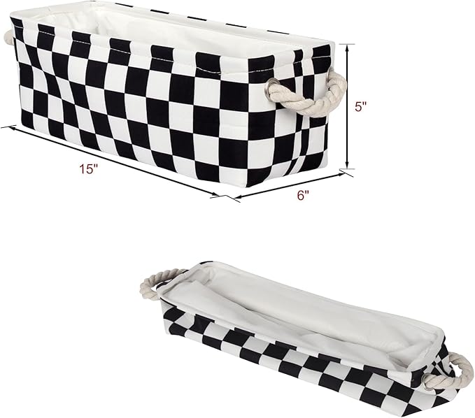 3PC Small Checked Storage Baskets 15x6x5 inch Narrow Toliet Storage Bins with Handles for Papers Closet,Cabinet,Countertop Organizing Small Items (Black)