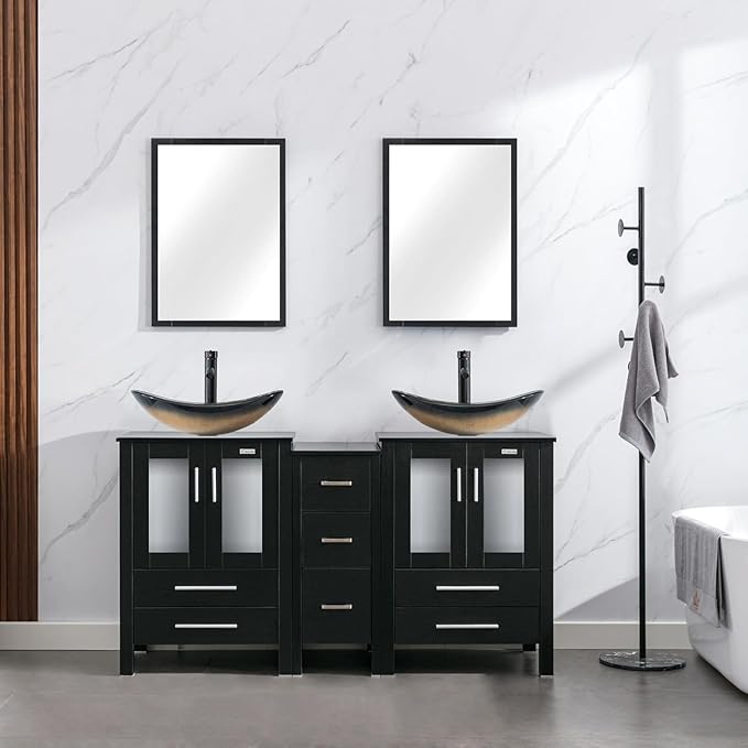 eclife 60" Modern Bathroom Vanity Sink Combo Freestanding Cabinet with Small Side Cabinet, Champagne Boat Glass Vessel Sink, Water Save Faucet, Drain (Black+A29CH)