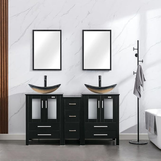 eclife 60" Modern Bathroom Vanity Sink Combo Freestanding Cabinet with Small Side Cabinet, Champagne Boat Glass Vessel Sink, Water Save Faucet, Drain (Black+A29CH)