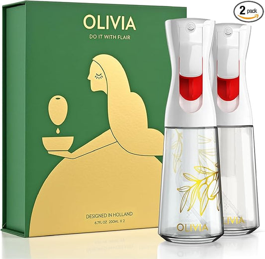 FLAIROSOL OLIVIA Oil Sprayer for Cooking, 2 Pack 200ML Glass Olive Oil Sprayer, Continuous Cooking Spray Dispenser with Portion Control for Kitchen Air Fryer, Salad, BBQ, White