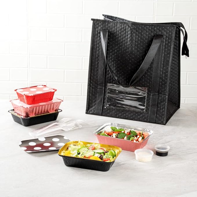 Restaurantware 16 Ounce Disposable Takeout Containers 50 Rectangle Food Containers - With Polka Dot Lids Black And Gold Takeaway Containers Aluminum Delivery Containers Freezable