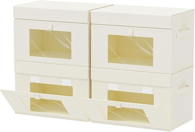 Transparent Window Storage Bin, Cube Organizer Basket with Flip-Top Lid and 2 Handles, Decorative Boxes with Cover, 4 Pack, Beige, 15 x 9.8 x 9.8 In, XSNY17BEL-4