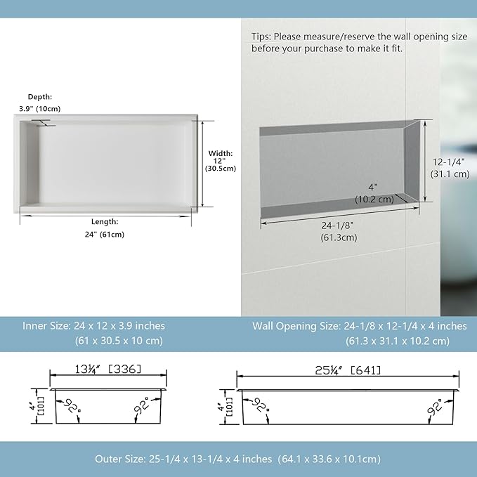 304 Stainless Steel Shower Niche, 24" X 12" Recessed Shower Shelf, Wet Area Wall Niche No Water Residue, White Recessed Storage