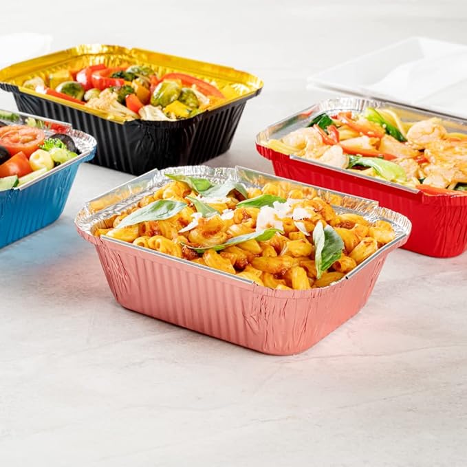 Restaurantware 12 Ounce Disposable Takeout Containers 50 Rectangle Food Containers - With Polka Dot Lids Pink Takeaway Containers Aluminum Delivery Containers Freezable